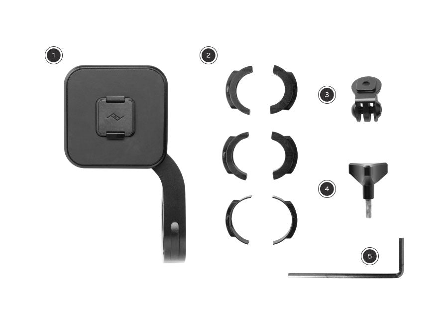 Out Front Bike Mount with three sizing collars, a GoPro Accessory Mount and screw, a thumb screw and hex wrench